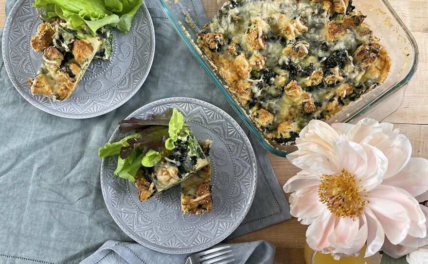 A make-ahead spinach and fontina casserole, which boasts crispy edges with a cheesy custard center.