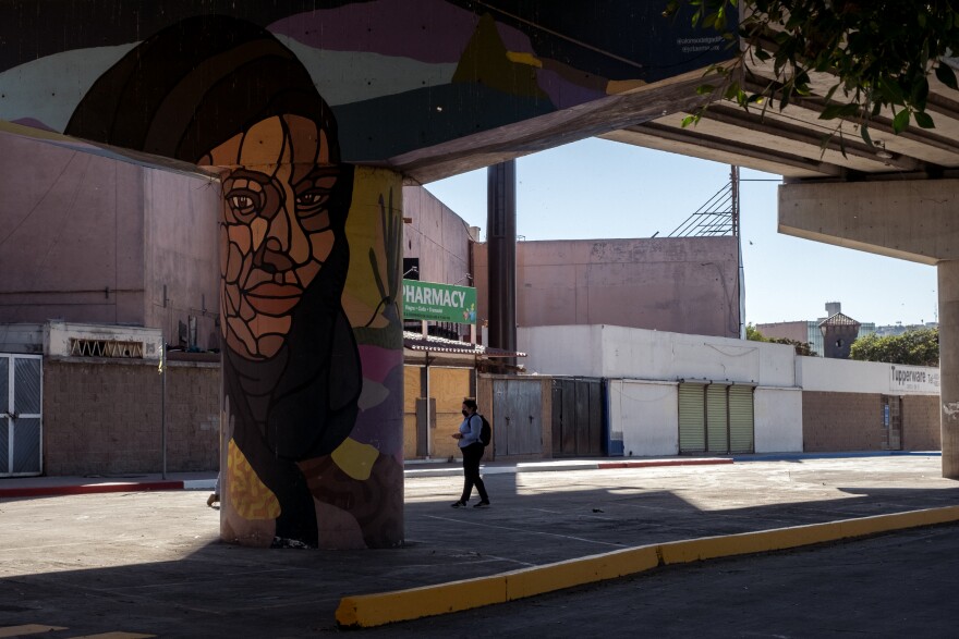 The pedestrian plaza in Tijuana's El Chaparral border crossing is now empty, when just days before it was full of migrants living in tents, Tijuana February 7, 2022.