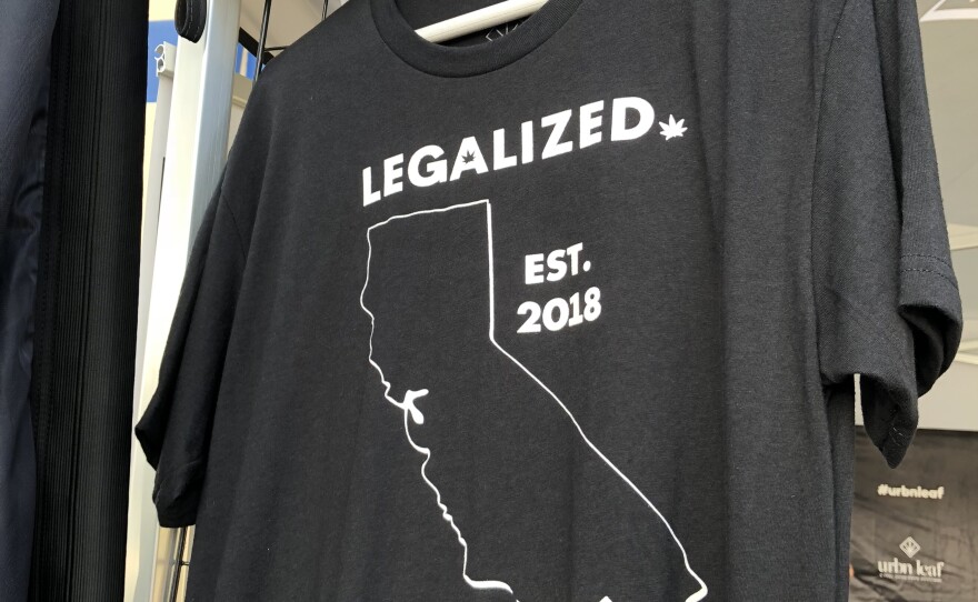 T-shirts marked the first day of legalized sale of recreational marijuana outside Urbn Leaf, January 1, 2018.