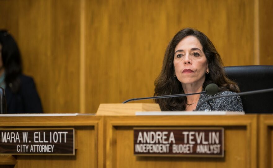 San Diego City Attorney Mara Elliott sits at the dais, Dec. 12, 2016.