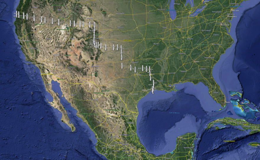 Monuments marking the U.S./Mexico border in 1821 on a Google Earth image.