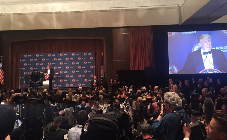 Republican presidential candidate Donald Trump speaks to a New York state GOP fundraiser in Manhattan on Thursday night.