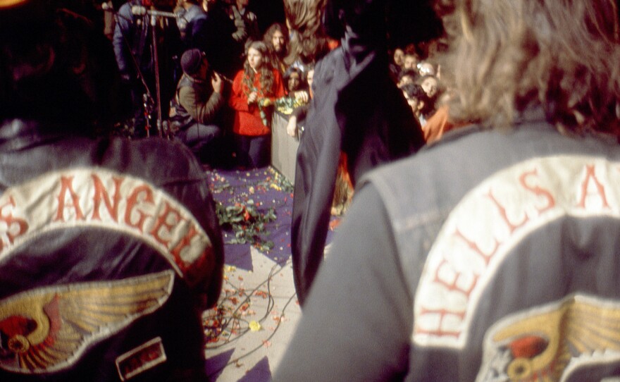 Mick Jagger performs with The Rolling Stones as Hell's Angels guard the stage, during the Altamont Speedway Free Festival on Dec. 6, 1969 at the Altamont Speedway near Tracy, Calif.