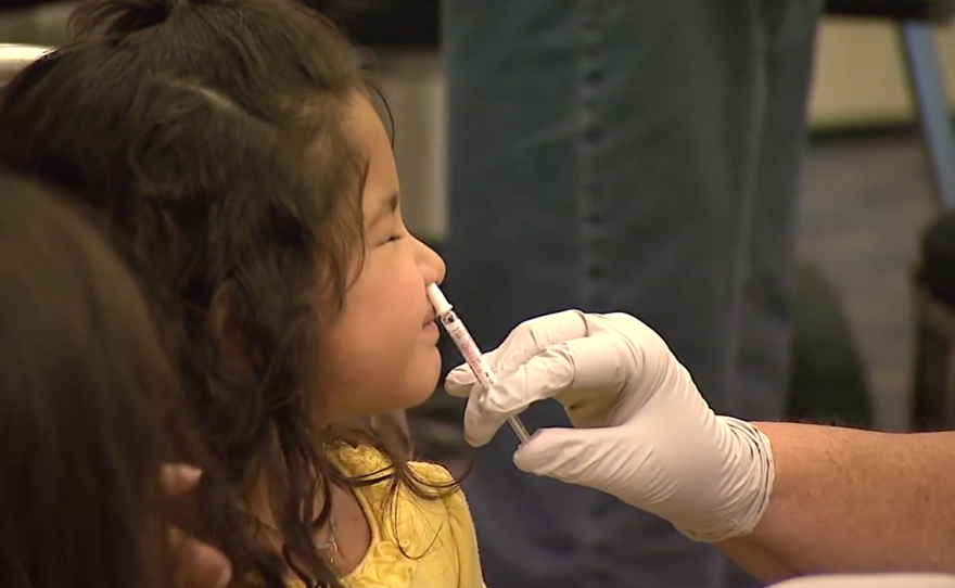 A child receives a nasal spray vaccination in San Diego, Aug. 15, 2012.