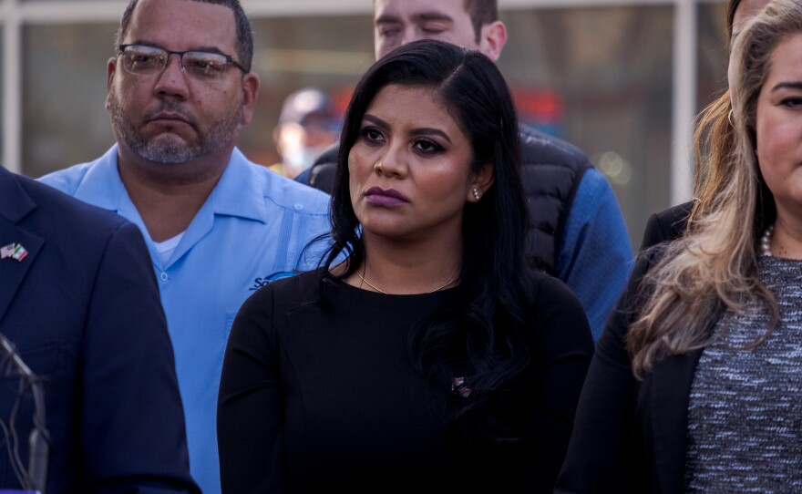 Montserrat Caballero, the newly elected Mayor of Tijuana, at a press conference in front of the pedestrian crossing into the United States from Tijuana. San Ysidro, Nov. 8, 2021.