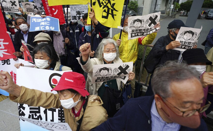 In Tokyo, people protest against a decision to start releasing into the ocean massive amounts of treated wastewater from the Fukushima nuclear plant damaged in a 2011 quake and tsunami.