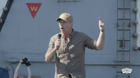 Defense Secretary Pete Hegseth talks to sailors and Marines on the USS Abraham Lincoln Oct. 7, 2026.