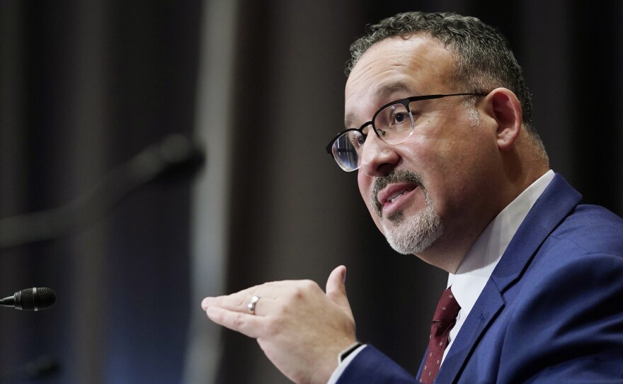 Education Secretary Miguel Cardona testifies before the Senate Health, Education, Labor and Pensions committee during his confirmation hearing in February.