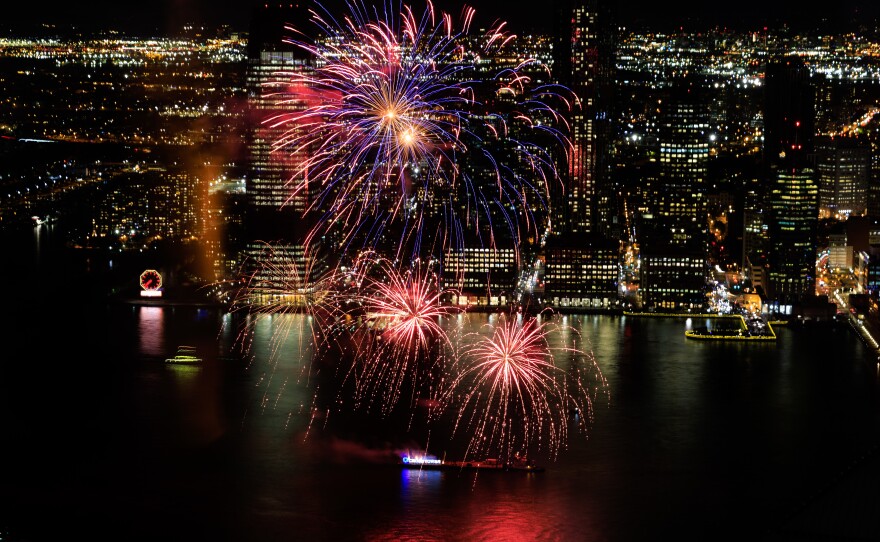 Fireworks celebrating Diwali light up over the Hudson River in New York City.