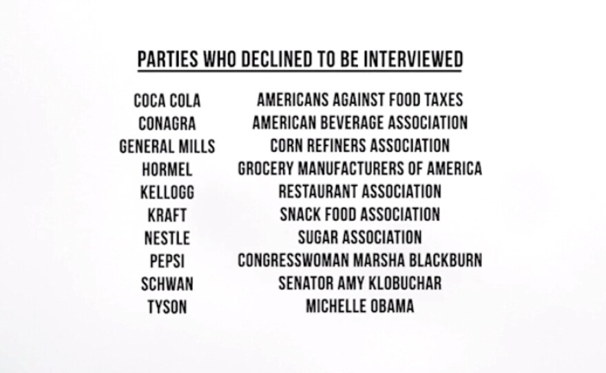 A list of individuals and organizations who declined to be interviewed by the filmmakers of Fed Up.