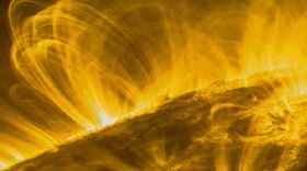 Coronal loops, seen here, are fountains of multimillion-degree gas in the atmosphere of the sun. They are often precursors to solar flares, which emit strong bursts of electromagnetic energy.