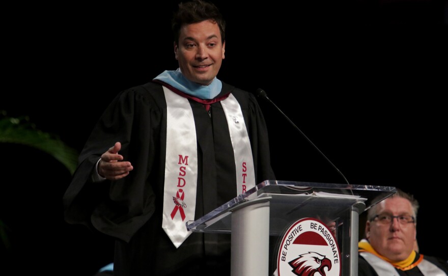 Jimmy Fallon gives a commencement speech to Marjory Stoneman Douglas High School seniors during their graduation ceremony on Sunday, at the BB&T Center in Sunrise, Fla.