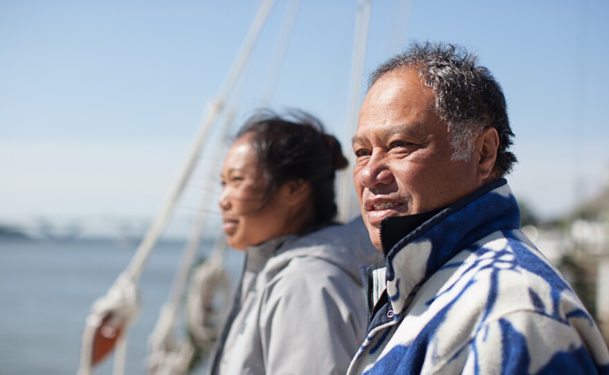 Kalepa Baybayan (right) and his daughter Kala Tanaka. Kalepa is training Kala as an apprentice navigator.