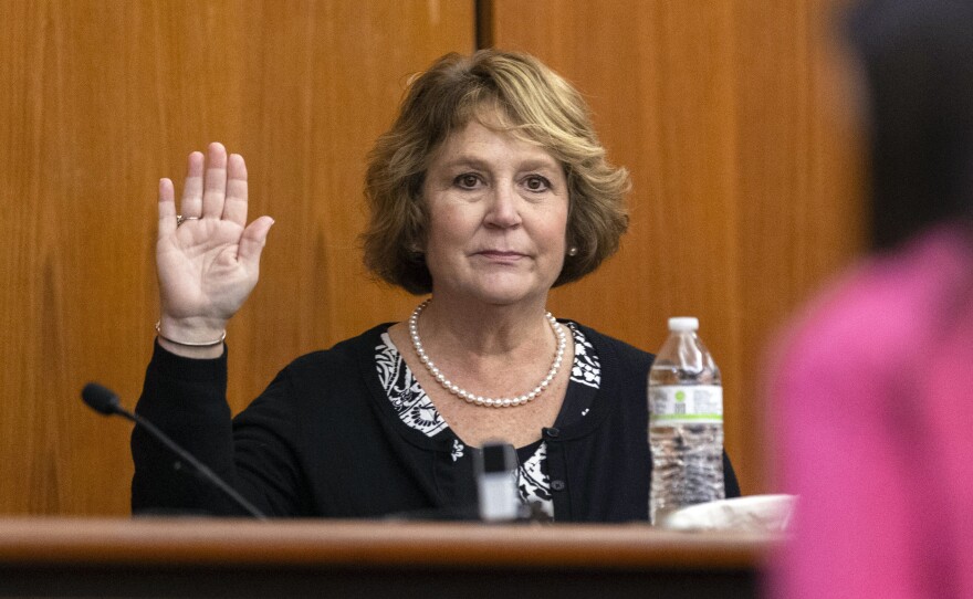 Former Colleton County Clerk of Court Becky Hill, seen here in a file photo from a jury-tampering hearing, is accused of influencing jurors in Alex Murdaugh's murder trial. Hill resigned from her post months after the January 2024 hearing in Columbia, S.C.