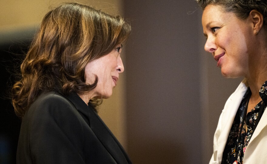 Vice President Harris speaks with Dr. Sarah Traxler, chief medical officer of Planned Parenthood North Central States, in Saint Paul, Minn.