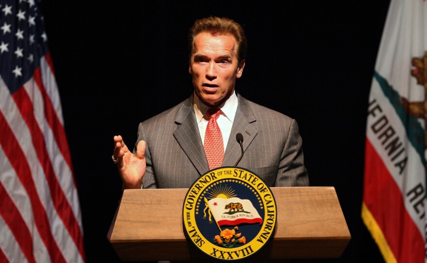 Gov. Arnold Schwarzenegger speaks on the status of the state budget at the California Center for the Arts on June 12, 2009 in Escondido, California.