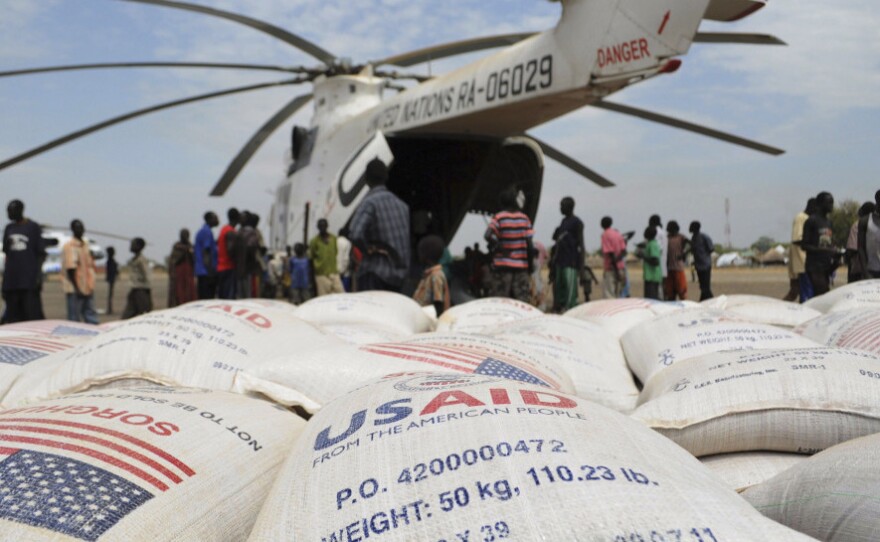 Food aid from the U.S. is delivered Thursday as part of efforts by the World Food Program to assist people displaced by fighting in the South Sudan state of Jonglei.