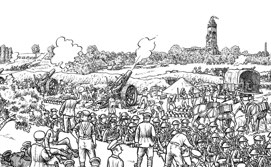 Detail from Plate 5 of Joe Sacco's <em>The Great War: July 1, 1916: The First Day of the Battle of the Somme</em>. The basilica of the town of Albert, visible in the top right, is an important staging point behind the front.