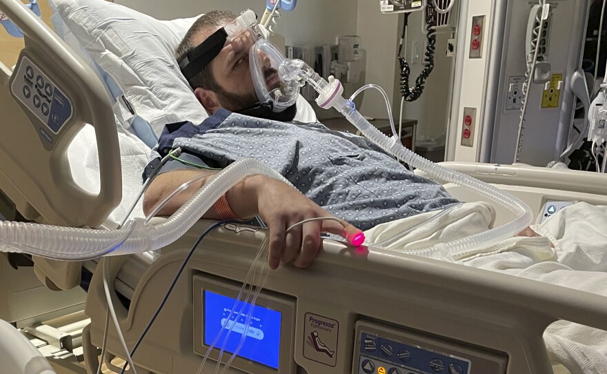 This family photo shows D.J. Ferguson initially being treated at Milford, Mass., Regional Medical Center. Brigham and Women's Hospital in Boston is defending itself after Ferguson's family claimed he was denied a new heart for refusing to be vaccinated against COVID-19.