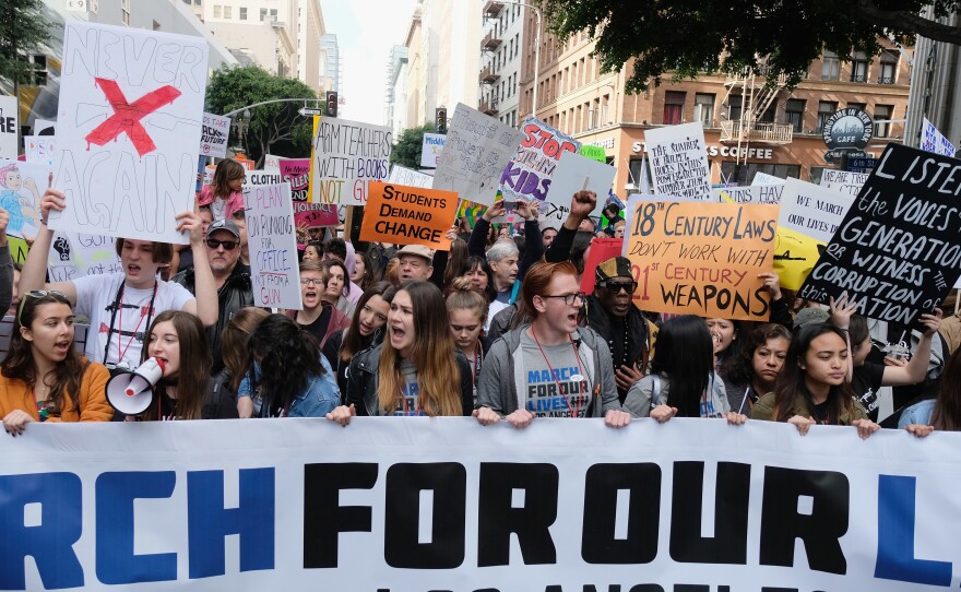 March for Our Lives demonstrators at a rally in Los Angeles in 2018. The activist group can typically be spotted donning blue and white colors. Meanwhile, the March for Life movement is often seen with red and white colors.