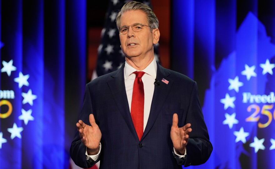 Treasury Secretary Scott Bessent speaks at the USA House during the Annual Meeting of the World Economic Forum in Davos, Switzerland on Jan. 20.