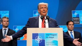 President Donald Trump speaks during a media conference at the end of the NATO summit as Secretary of State Marco Rubio, right, and Defense Secretary Pete Hegseth listen in The Hague, Netherlands, June 25, 2025.