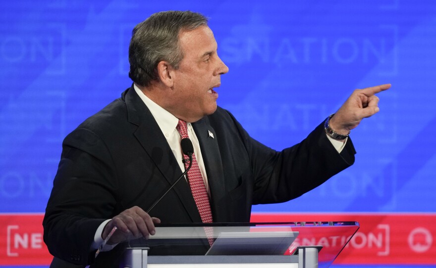 Republican presidential candidate former New Jersey Gov. Chris Christie, gesturing towards businessman Vivek Ramaswamy during a Republican presidential primary debate hosted by NewsNation on Wednesday.