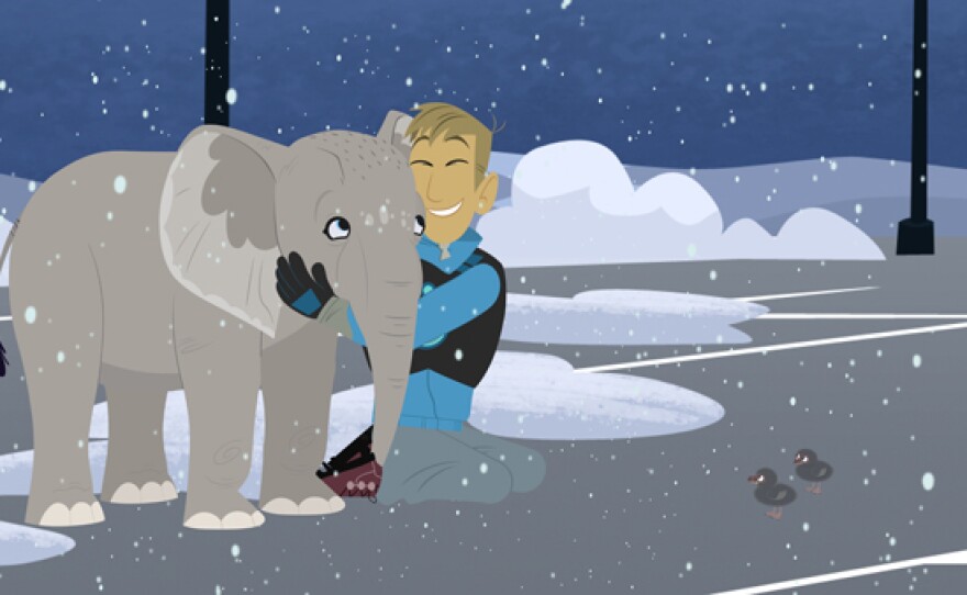 Martin hugs a baby elephant in "Wild Kratts A Creature Christmas."