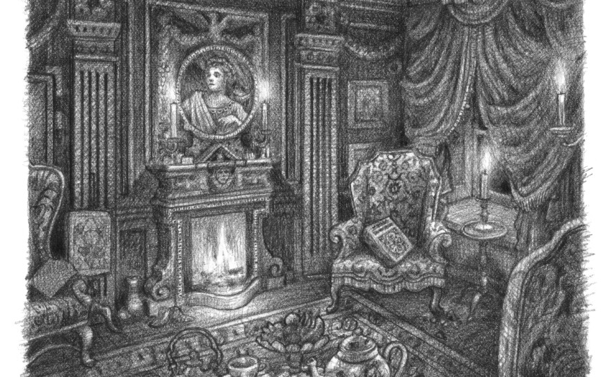 A drawing from "The Marvels" that shows a house inspired by the Dennis Severs' House in London.