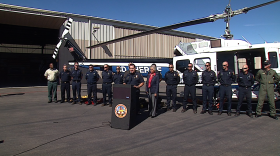 San Diego County Fire Chief Tony Mecham talks about the importance of the county's new firefighting helicopter, at Gillespie Field in El Cajon, Oct. 8, 2015.