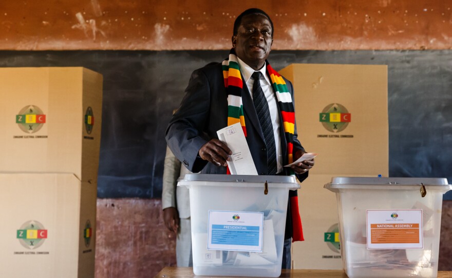 President Emmerson Mnangagwa casts his ballot Monday at Sherwood Primary School in Kwekwe. Last year Mnangagwa's predecessor, Robert Mugabe, was ousted after ruling Zimbabwe for 37 years.