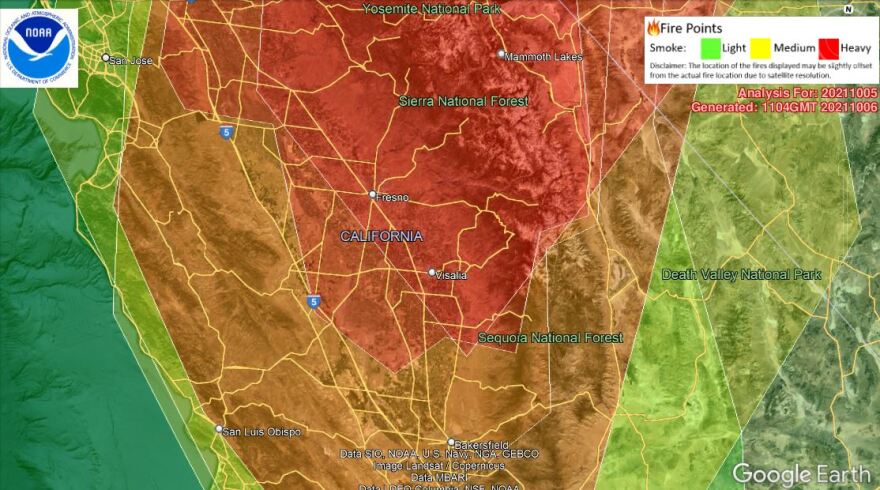 An analysis of satellite images by the National Oceanic and Atmospheric Administration shows that heavy smoke inundated Fresno and other parts of the San Joaquin Valley on Oct. 5, 2021, including fields where farmworkers interviewed by KQED and The California Report said they labored that day.