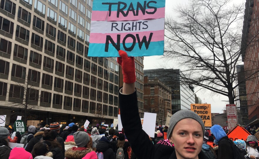 Protester Connor Czora spoke out on behalf of transgender students at the 2020 Women's March in Washington, D.C.