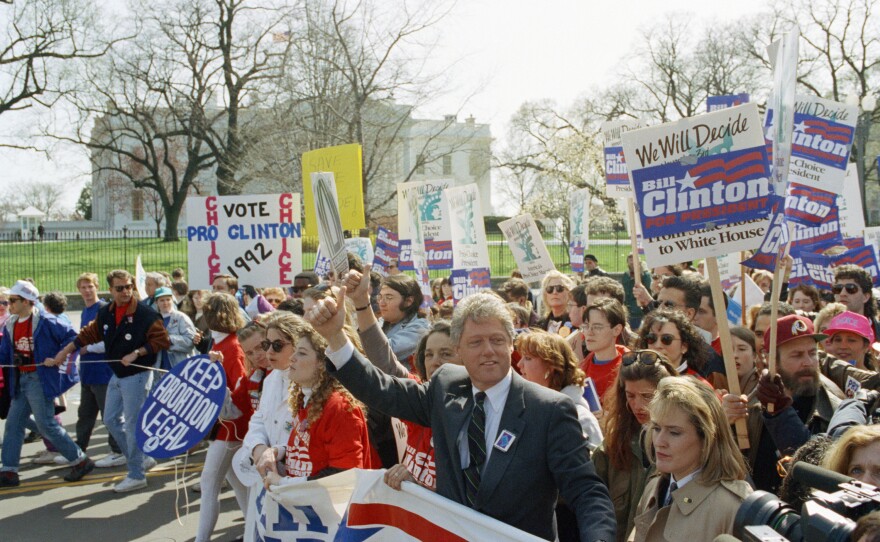 Democratic presidential candidate Bill Clinton marches with abortion-rights supporters past the White House, April 6, 1992. Although many positions vary at the state, local and even lower federal levels, Democrats at the national level have made abortion rights part of their party platform since 1976; Republicans began calling for