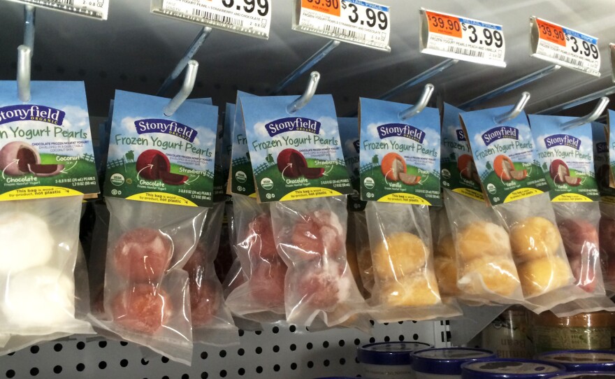 Plastic packages of WikiPearls made with Stonyfield frozen yogurt for sale at some Whole Foods.