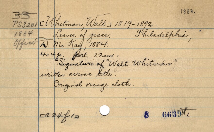 The Library of Congress card for Walt Whitman's <em>Leaves of Grass.</em>