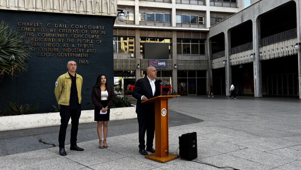 San Diego City Councilmember Henry Foster III speaks at a press conference opposing automated license plate readers, Oct. 21, 2026.
