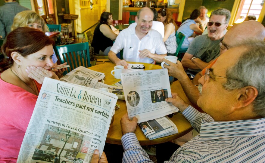 A year later, these friends are still gathering to talk over the paper, but it's not The Times-Picayune. From left: Sue Paraski, Sharon Morrow, Eric Hartman, Joe Mole.