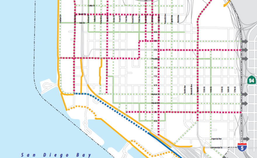 Proposed new bike lanes under the Downtown Mobility Plan appear in this undated map.