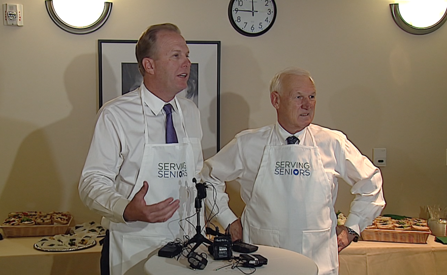 San Diego Mayor Kevin Faulconer, left, and county Supervisor Ron Roberts answer questions about keeping the Chargers in San Diego. They were at an event to celebrate the Serving Seniors program, Nov. 9, 2015.