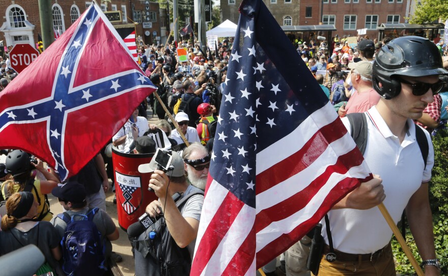Protestors in Charlottesville, Va., Aug. 12, 2017. White supremacists at the protests chanted, "The Jews will not replace us!", a reference to the "Great Replacement" theory.