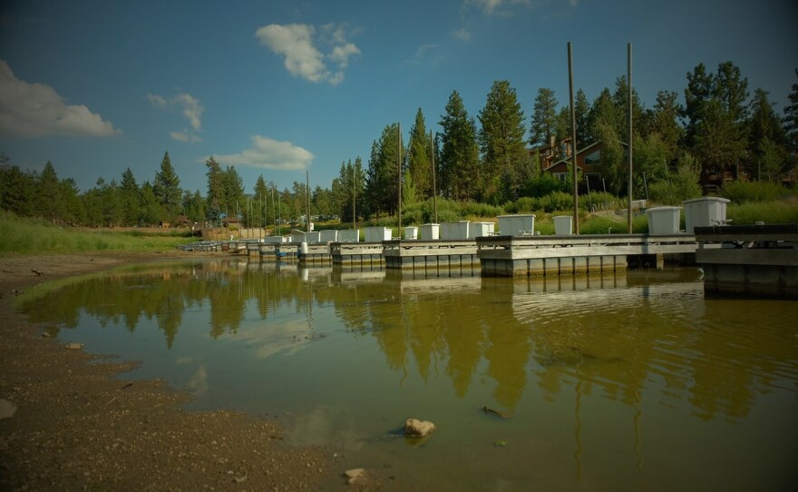 The extremely low water level at Big Bear Lake amidst the state's historic megadrought has beached boat docks that used to float. July 26, 2022.