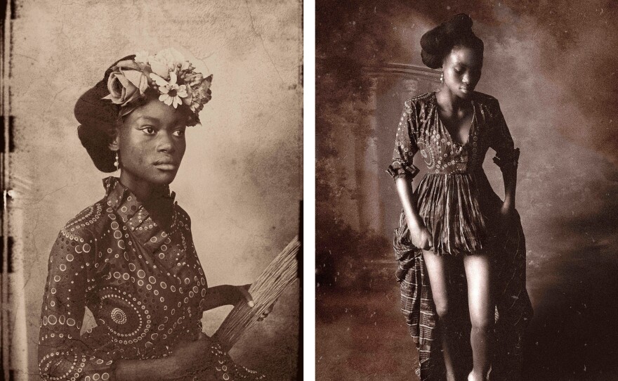 These portraits connect the art of the West — two Rembrandt works — and Africa. Sight<em> Unseen I</em> (left), inspired by Rembrandt's portrait "Sakia as Flora," brings in a broom as an African implement. In <em>Sight Unseen</em> II, modeled after his painting "Bathsheba at Her Bath,"<em> </em>a woman lifts her dress as if she were stepping into a stream.