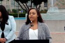 San Diego native Kileen Washington detailing her 3½ ordeal with human trafficking starting when she was 14 years old in front of the County Administration Building, Aug. 25, 2023.
