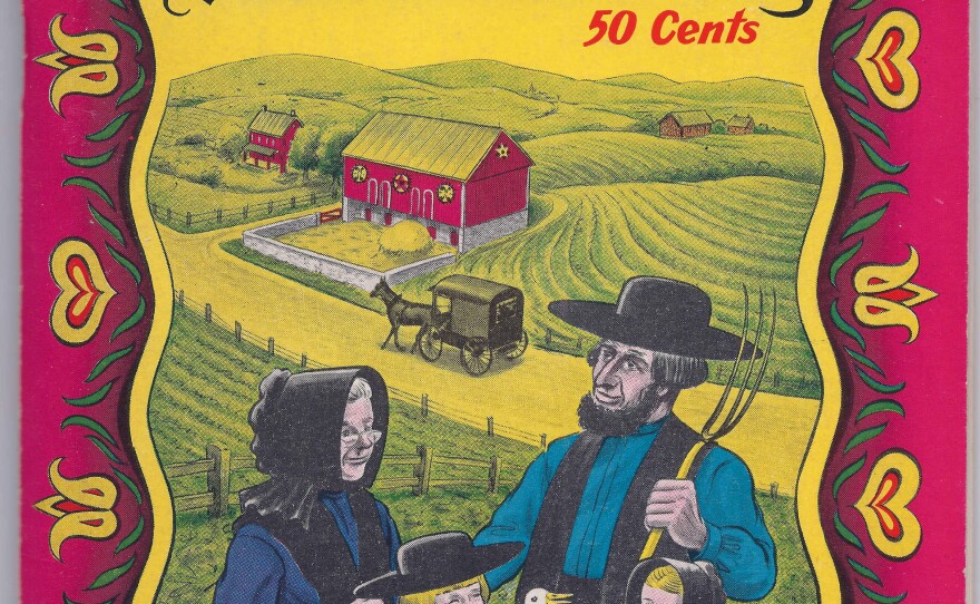 Many of the worst clichยes of Pennsylvania Dutch tourism come together on the cover of this brochure, published by the Pennsylvania Dutch Folklore Center in 1956.