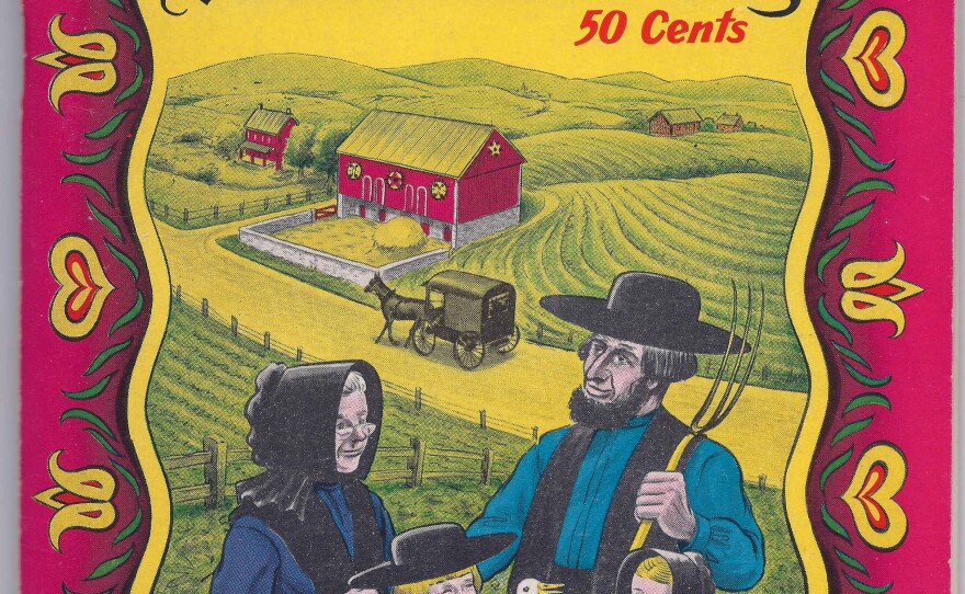 Many of the worst cliches of Pennsylvania Dutch tourism come together on the cover of this brochure, published by the Pennsylvania Dutch Folklore Center in 1956.