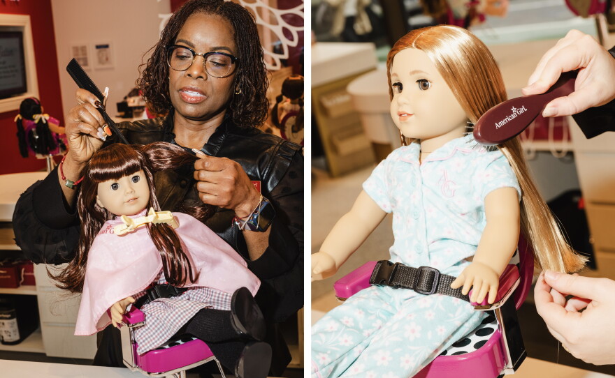Left: Amanda Holder styles the Samantha doll belonging to author Fiona Davis. Right: Aristy brushes a doll's hair at the salon.
