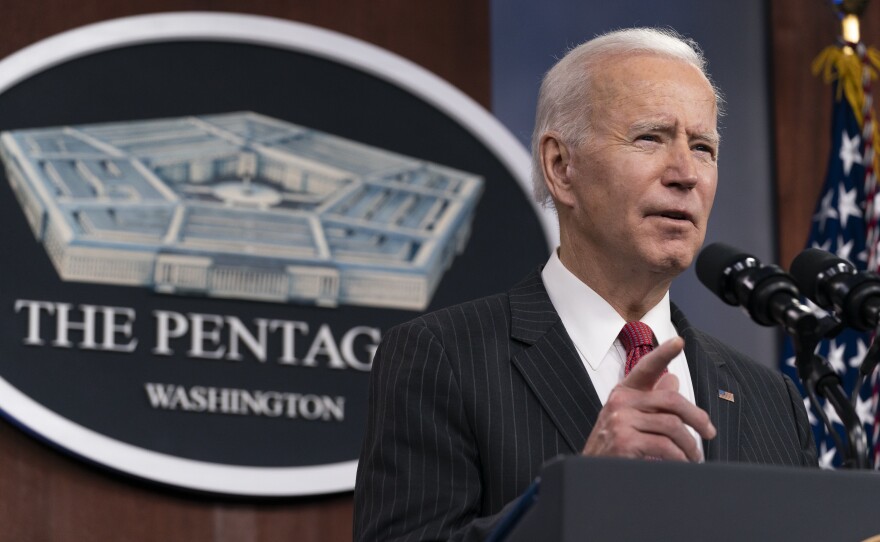 President Biden speaks at the Pentagon on Feb. 10. On Wednesday, he will announce the withdrawal of U.S. troops from Afghanistan after nearly 20 years of war.