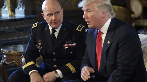 President Donald Trump speaks as Army Lt. Gen. H.R. McMaster listens at Mar-a-Lago in Palm Beach, Fla., in February 2017.