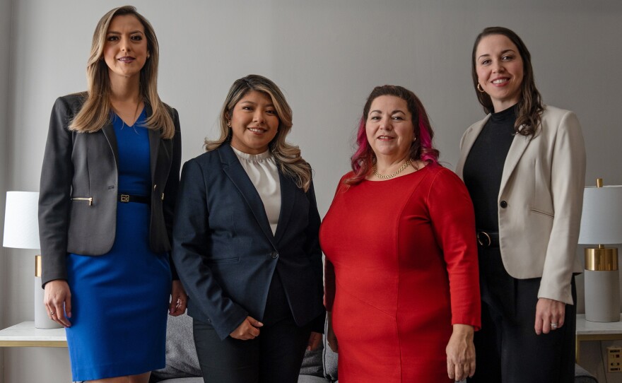 BOLD PAC team members including director of communications Diana Castañeda (left), senior political coordinator Danna Rodas, chairwoman Rep. Linda Sánchez and executive director Victoria McGroary.